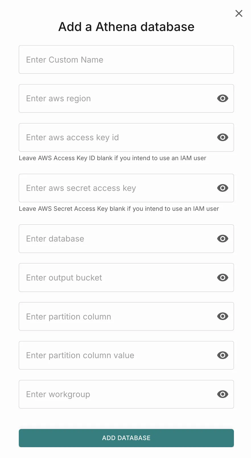 Add a Athena database pop-up