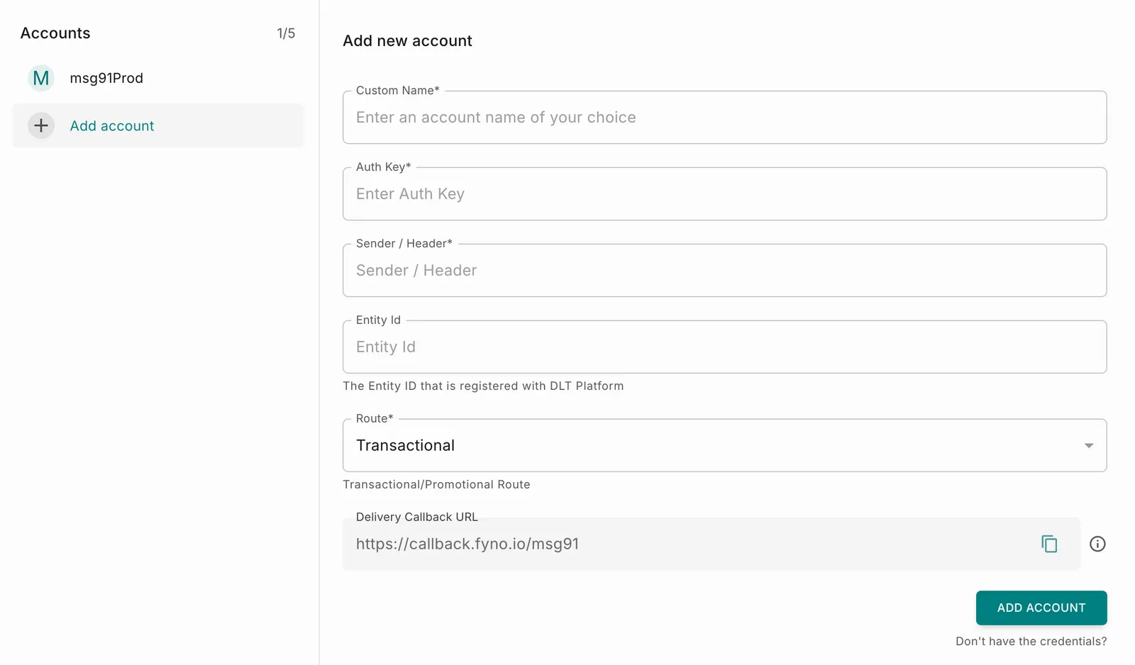 Add new account form with the Don't have the credentials? link