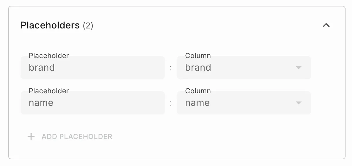 Placeholders brand and name mapped to file columns